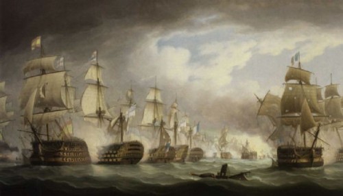 HMS “Victory” Heavily Engaged at the Battle of Trafalgar by Thomas Buttersworth