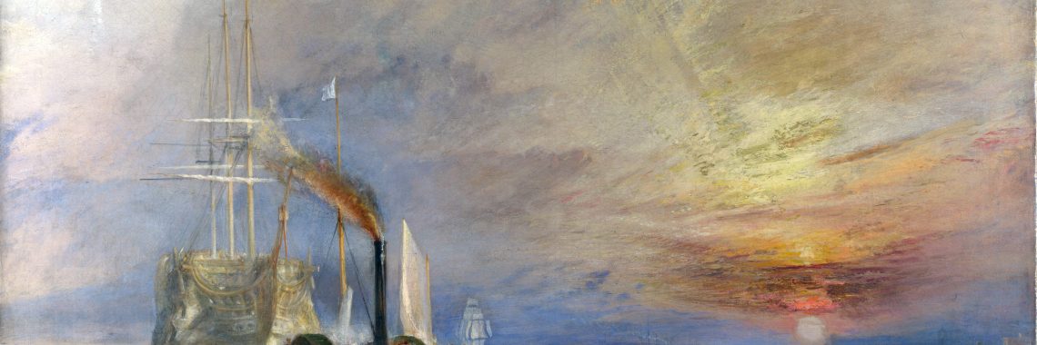 The painting The Fighting Temeraire Tugged to Her Last Berth to be Broken Up, 1838 by J. M. W. Turner. The painting depicts an idealized white galley ship being pulled from the right side of the painting by a dark tugboat. On the left of the painting is a red and yellow sunset.
