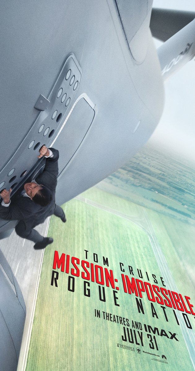 Movie poster for Mission: Impossible Rogue Nation where Tom Cruise is hanging off the side of a plane.