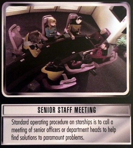 Detail photo of the picture and flavor text of the card Senior Staff Meeting from Star Trek CCG.