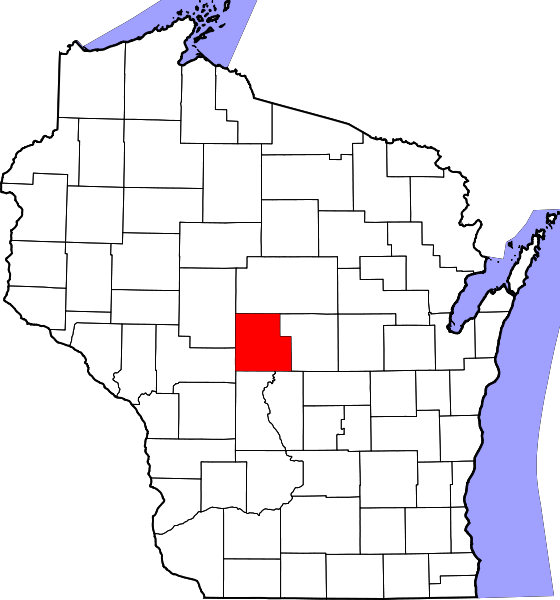 Map of Wisconsin highlighting Wood County in red.