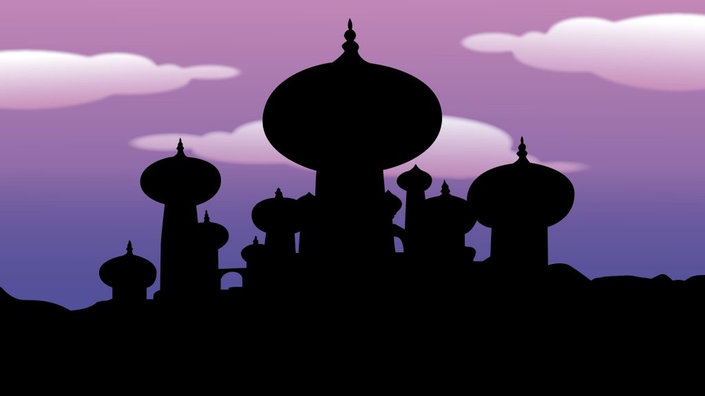 Illustration of the skyline of Agrabah from Aladdin at night.