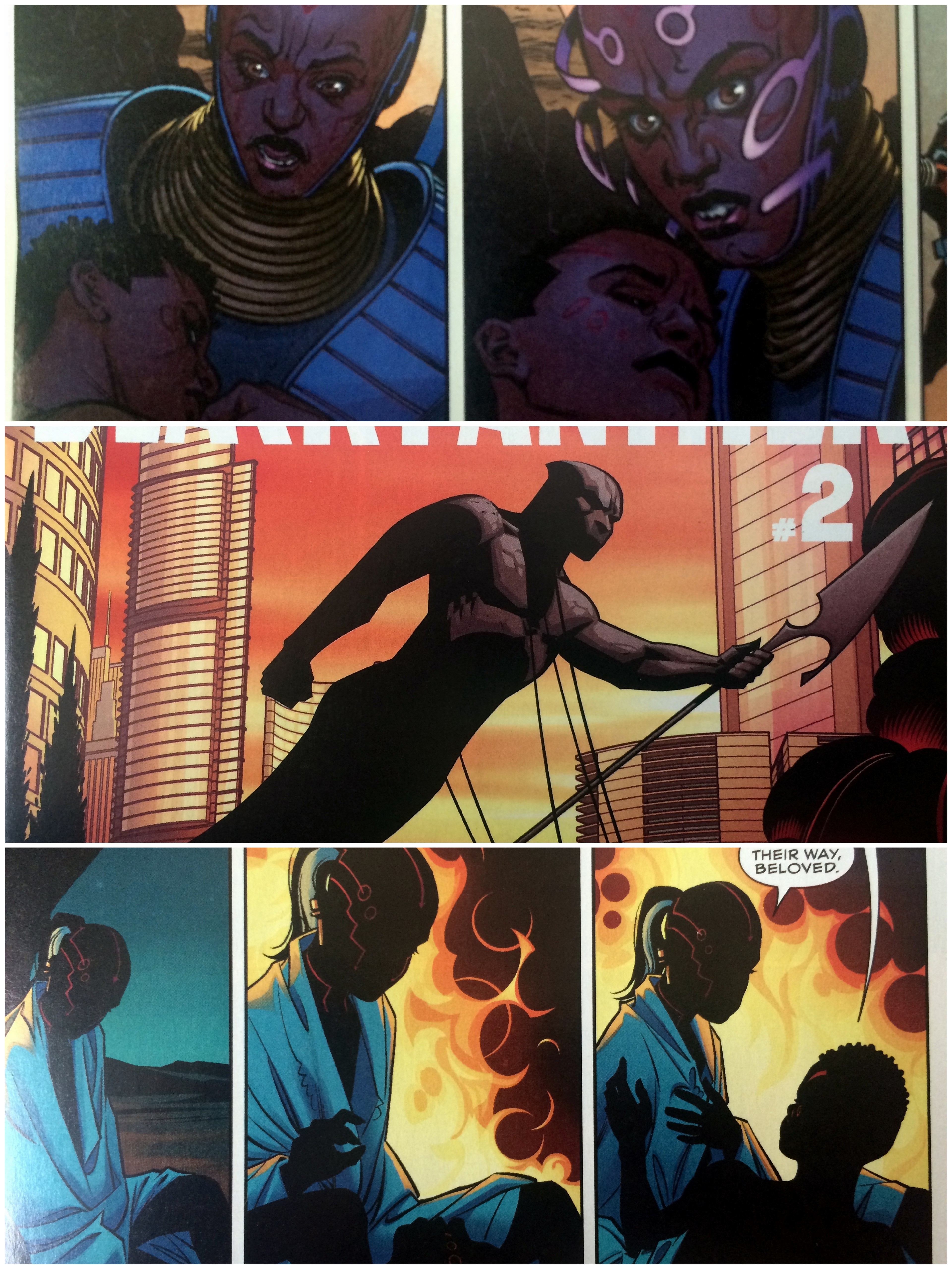 Black Panther comic panels in a stacked triptych.