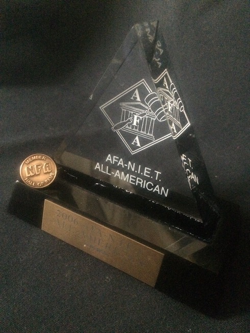 NFA Hall of Fame pin on AFA-NIET All-American Award
