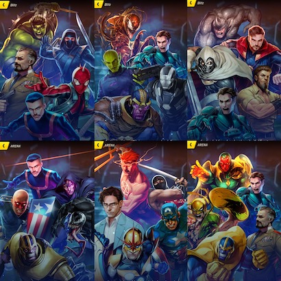 Six Marvel Battle Lines waiting screens with five men and no women on each.